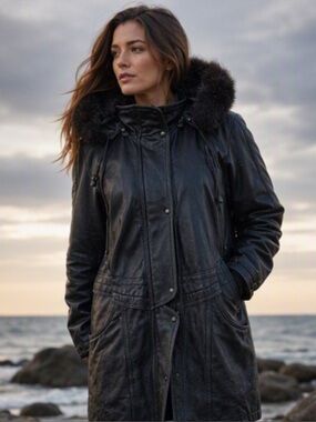 🌷Village du Cuir🌷 Vintage Black Leather Coat With  Brown Faux Fur Trim Hood